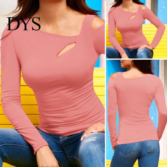 Women Top Sexy Tops Skew Collar Slanted Shoulder Bottoming Body Curves Enhancing Hollow Design Slim Fit Solid Color Long-Sleeved T-Shirt Long-sleeved