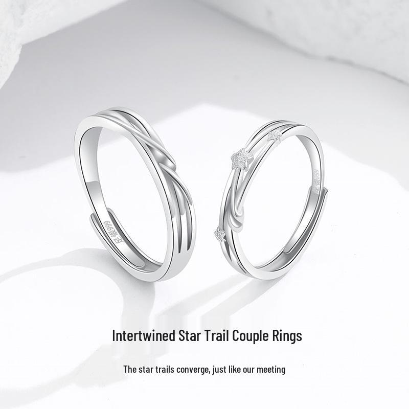 Intertwined Star Trails Sterling Silver Couple's Rings with Diamonds, Adjustable, Custom Engraved.