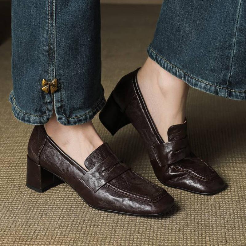New four-season wear women's fashion single shoes thick heel large size women's shoes beef tendon sole square heel low-top medium heel sheepski