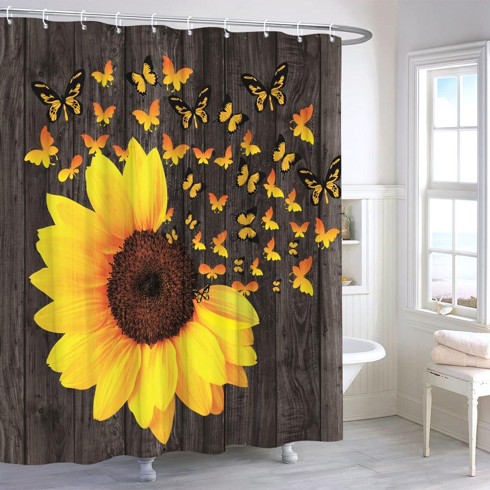Rustic Sunflower Flower Butterfly Print Shower Curtain Vintage Floral Botanical Polyester Fabric Shower Curtains Bathroom Decor