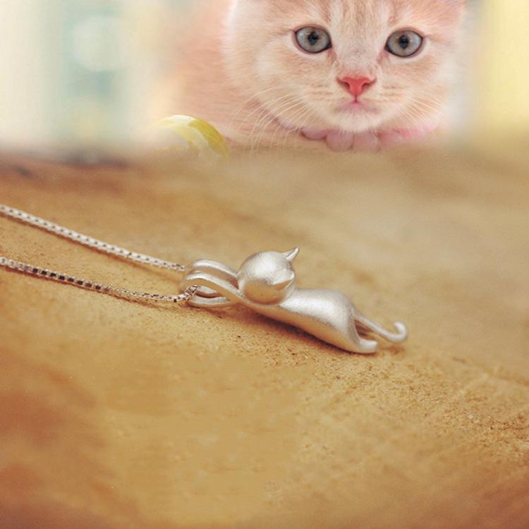 Korean Style 925 Sterling Silver Cat Pendant Necklace for Women