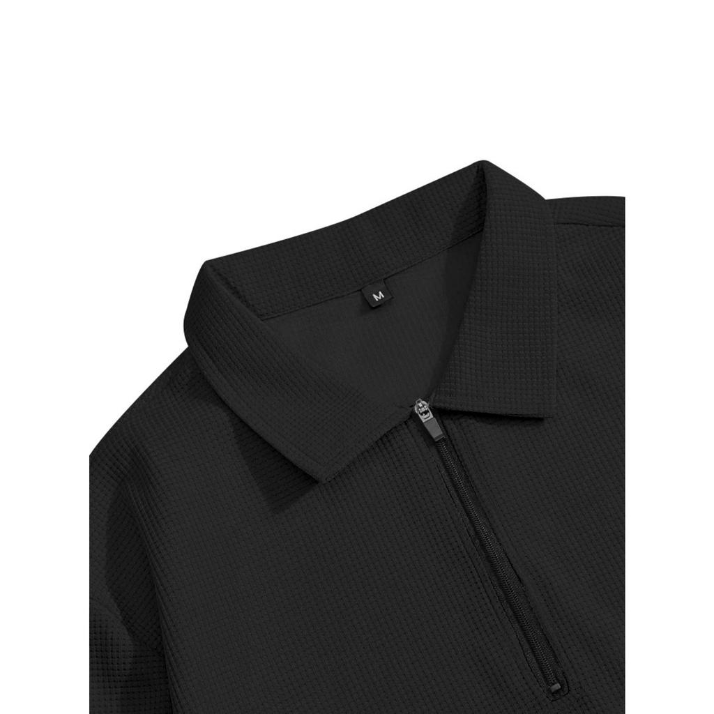 Conjunto de Roupa Esportiva Casual Masculina de Cor Sólida, Camisa Listrada de Manga Comprida, Top com Decote Quadrado e Meio Zíper, Conjunto de Calças com Cordão