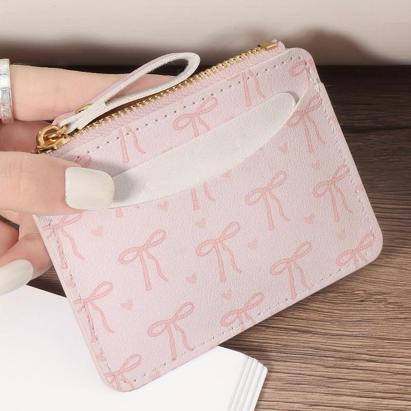 

Fashion PU Credit Card Holder Slim Card Case Lightweight Cute Bow Coin Purse for Women Girls рожевий