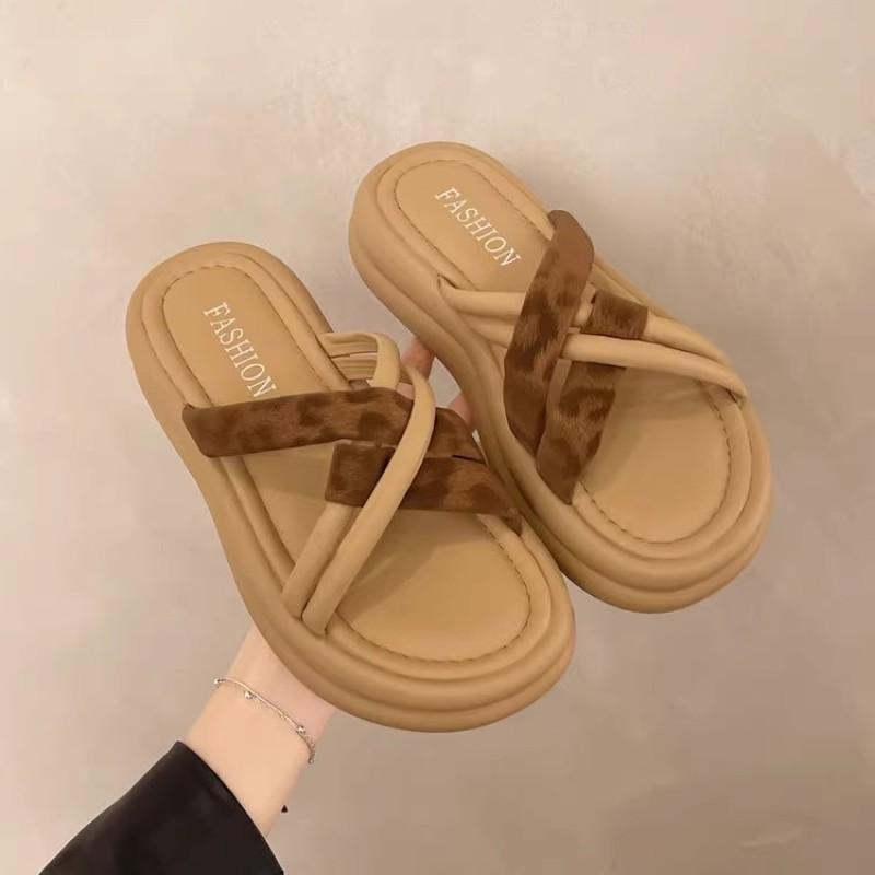 New summer new leopard print cross daily versatile casual temperament simple outer wear thick-soled comfortable slippers