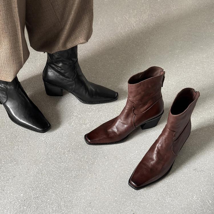 New 2025 Autumn and Winter European and American Old Money Style Thick Heel High Heel Square Head Short Boots Rear Zipper Brown Black Fashion Women