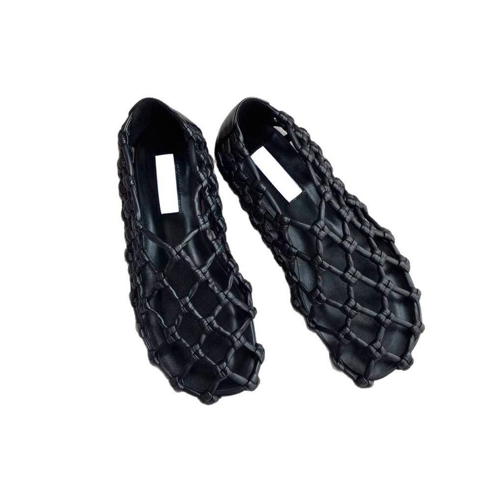 Sheepskin version~ niche design mesh woven hollow breathable fish net flat single shoes women's summer sandals pig cage shoes