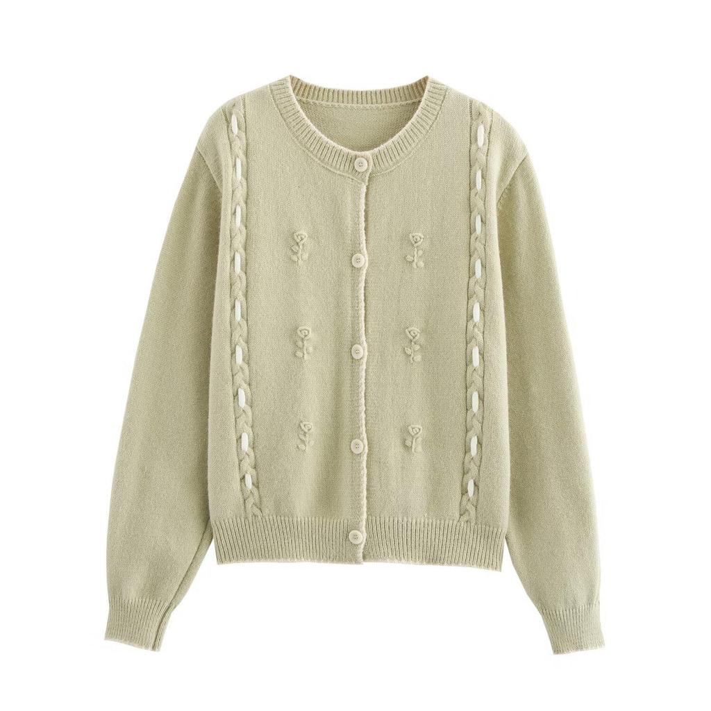 2025 Spring Women's Floral Color Block Crochet Knit Cardigan with Round Neck