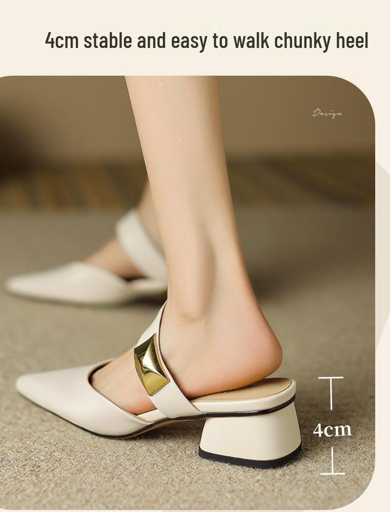 Echtes Leder Französische Spitze Schafsleder Pantoletten - Damen Sommer Zehenbedeckte Hausschuhe