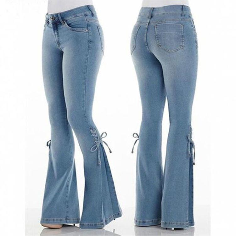 Jeans Acampanados de Color Sólido de Cintura Alta Para Mujer Pantalones Largos de Denim Elástico Con Decoración de Lazo Elegantes Pantalones Casuales