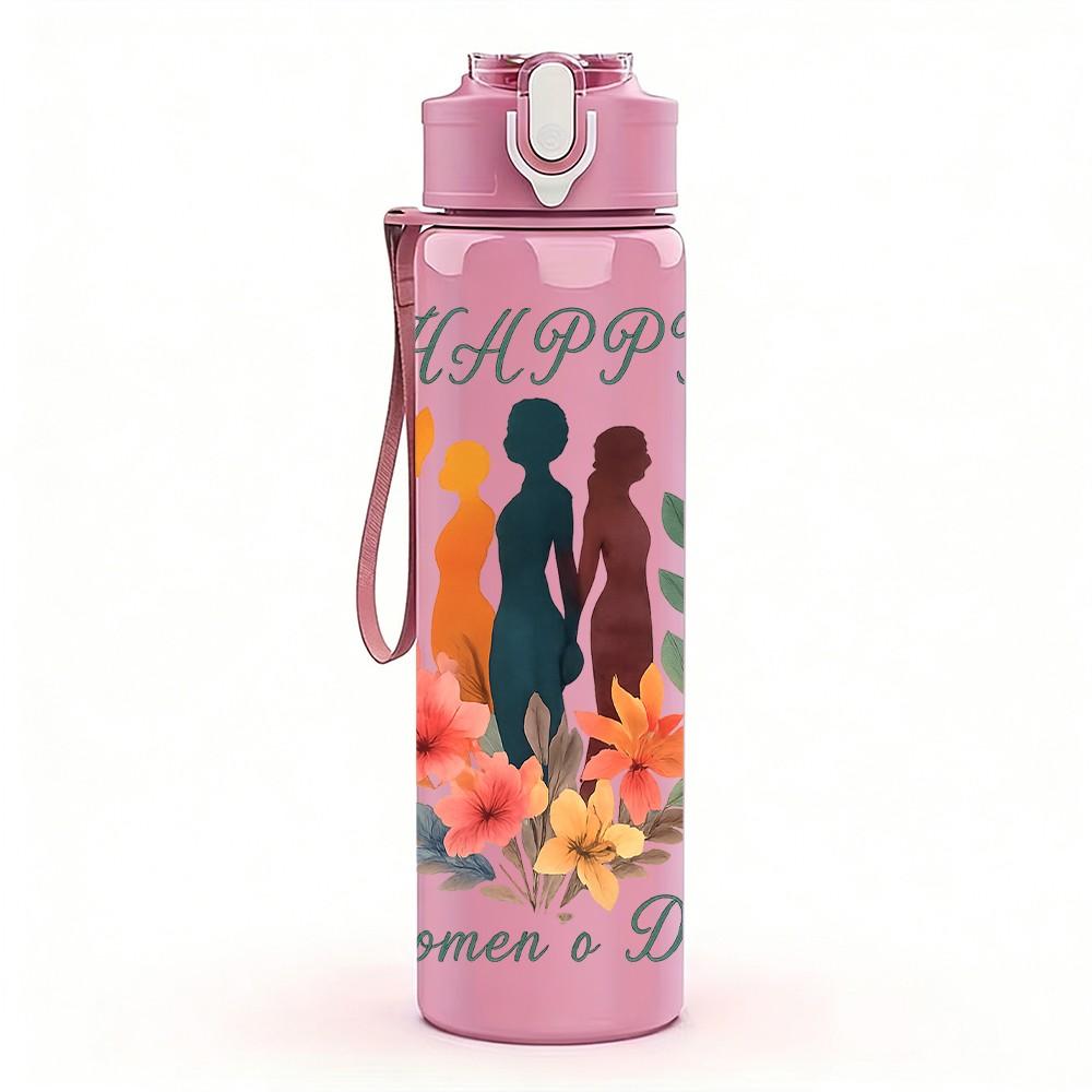 1PC Happy Womens Day Text Art Pattern 750ml Color Plastic Sports Water Bottle Leakproof Flip Straw Lid Suitable for Sports Office Home Use
