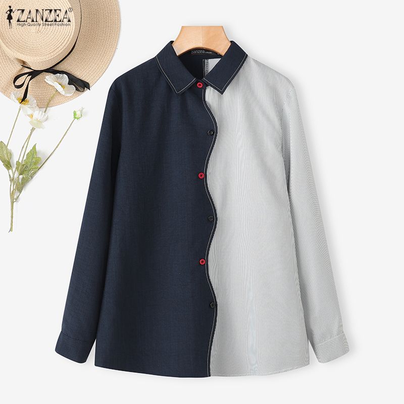 ZANZEA Women Casual Turn Down Collar Long Sleeve Splice Blouse