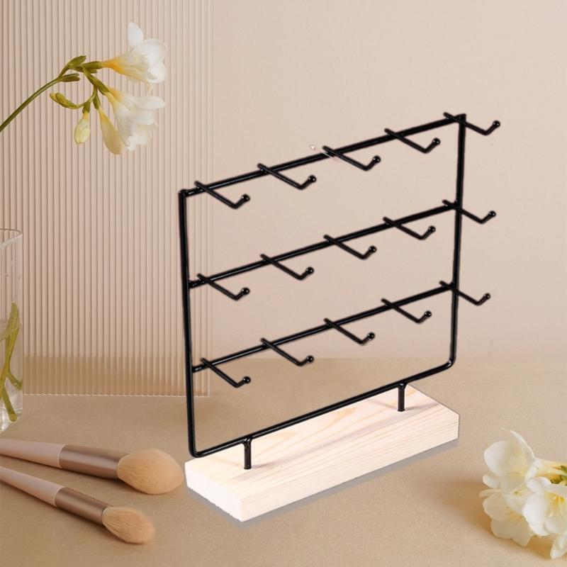 Wood Base Earring Display Stand with 3 Tiers and 15 Hooks Jewelry Presentation Rack Stylish Accessory Organization Shelf