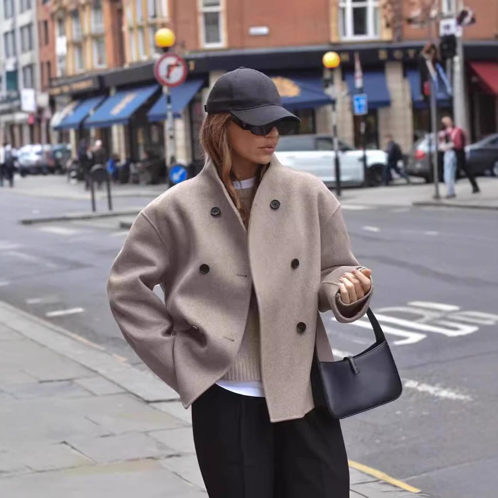 Light Khaki Double Breasted Short Coat , Casual Urban Outfit for Women