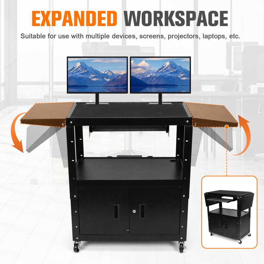 New Large AV Cart with Locking Cabinet Rolling Media Cart with Pullout Keyboard Tray and Cord Management for Office Computer Lap