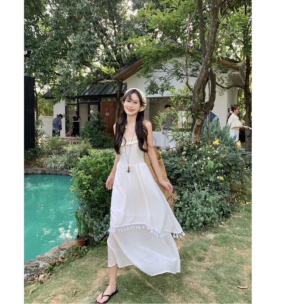 Holiday Wind Fringe Splicing Suspender Dress Women's Summer New Waist Irregular Gentle First Love Long Dress