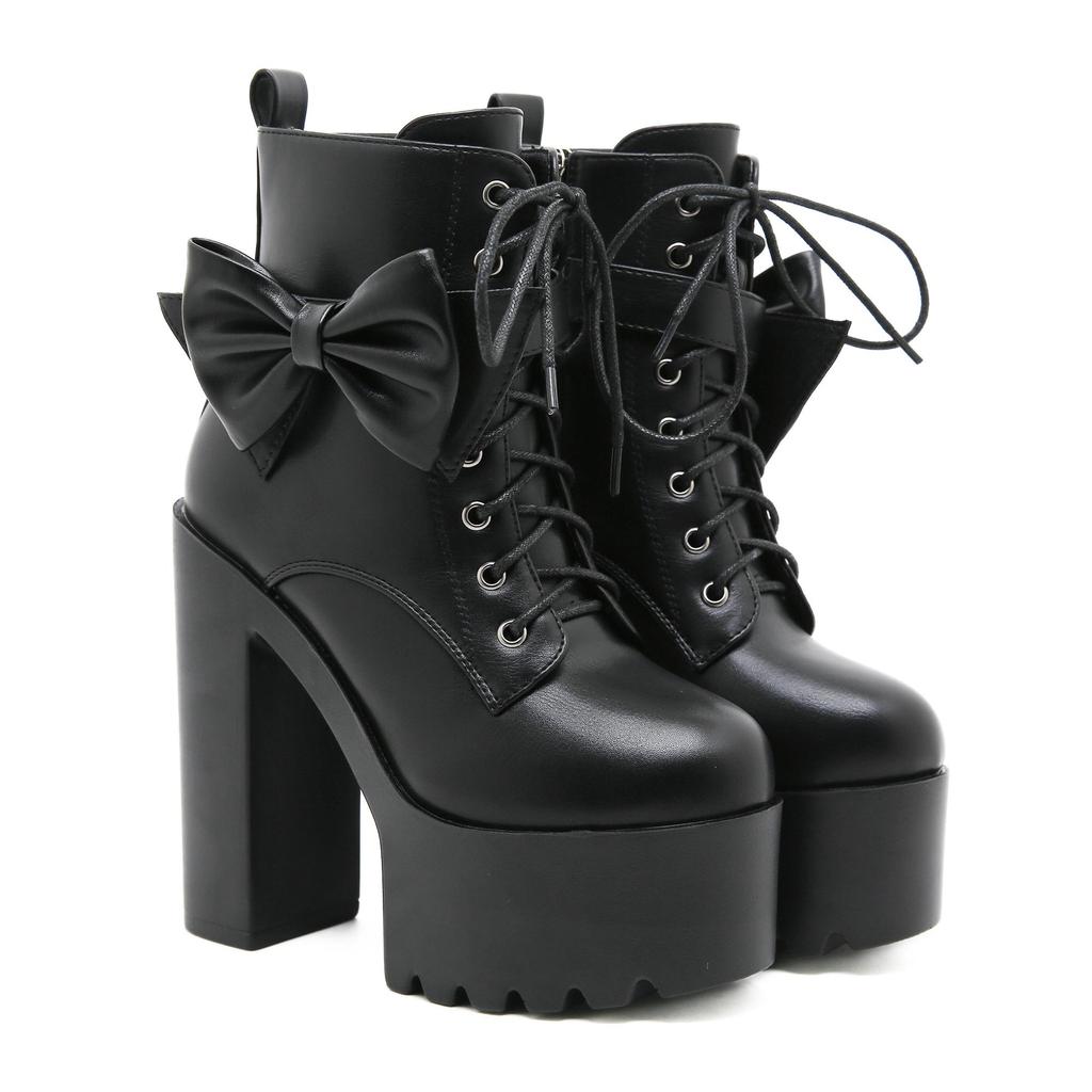 Gdgydh Modische Damen-Ankle Boots mit Schleife Schnürung Blockabsatz 14cm Plateau-Schuhe Reißverschluss seitlich Damen Kurzstiefel Süßes Cosplay