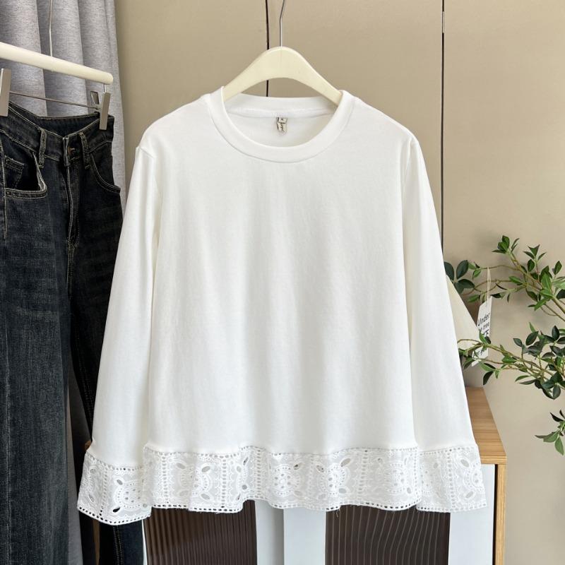 Plus Size Women Lace Splicing Long Sleeve Loose Base T Shirt Top