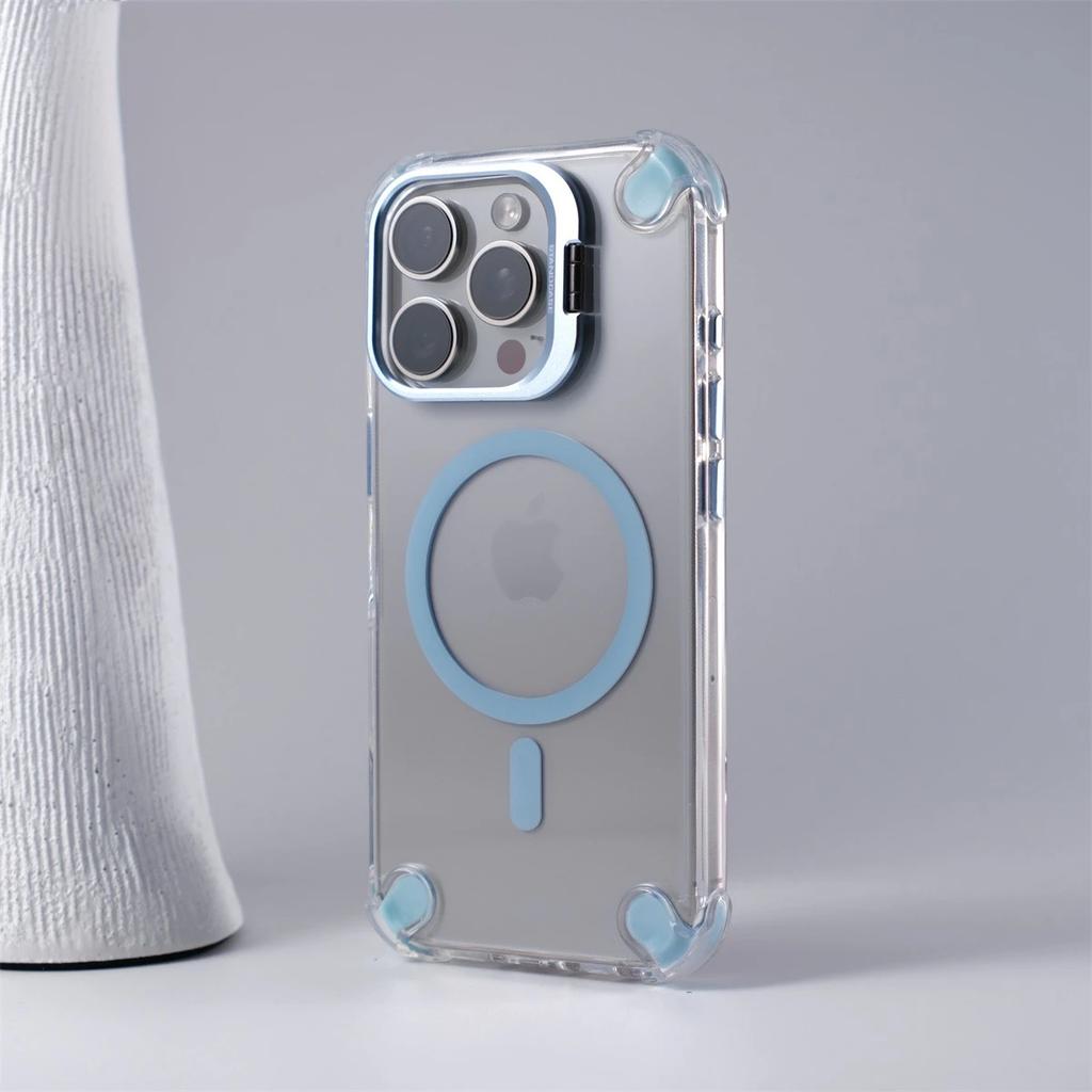 Alloy Camera Stand Holder for Magsafe Phone Case For iPhone 16 Pro Max 15 Pro 14 13 12 11 Airbag Anti-fall Clear Acrylic Cover