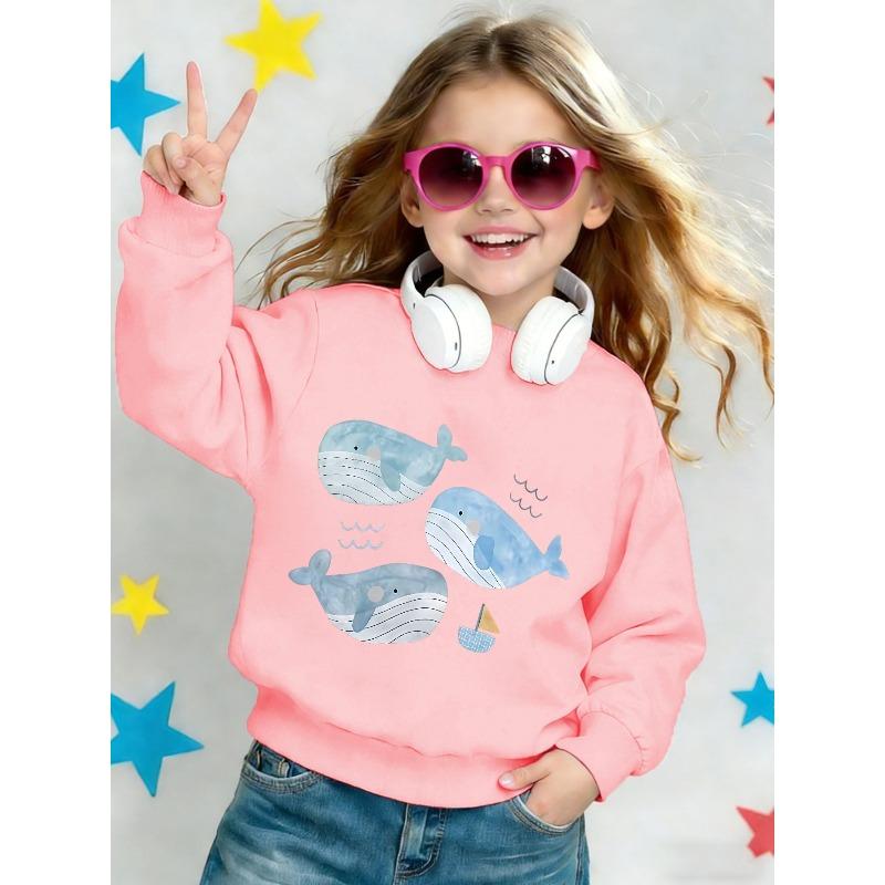 Kids Sweatshirt ,Round Neck,Spring/Autumn Cartoon Blue Whale Sailboat Cute Ocean Style Children's Top, Loose Fit Versatile Printed Casual Sweatshirt