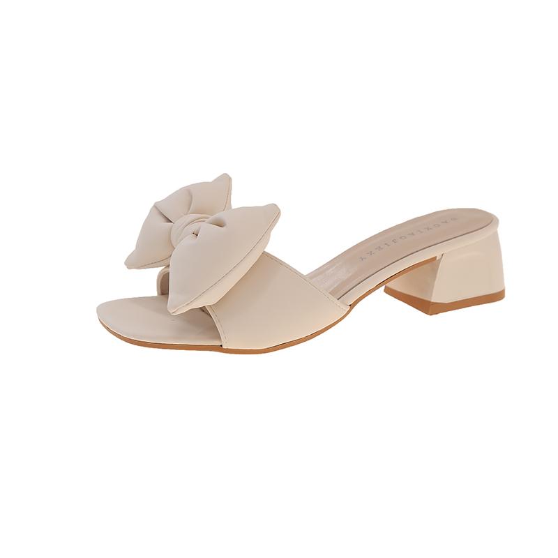 Summer New Slippers Women Wear Square Toe Open Toe Bow Block Heel Fairy Wind Non-slip One-word Sandal Slippers