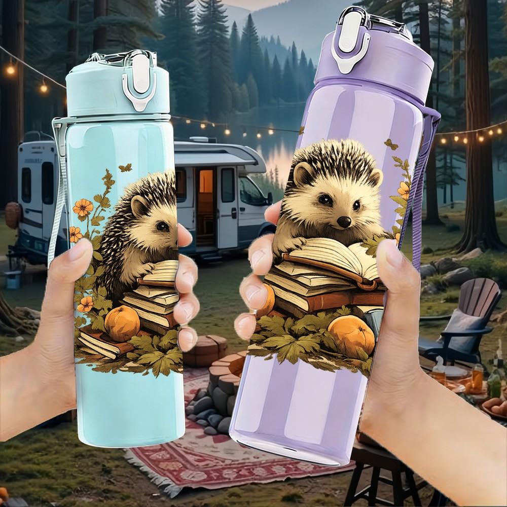 1PC Hedgehog Autumn Leaf Scene Print 750ml Color Plastic Sports Water Bottle Leakproof Flip Straw Lid Suitable for Sports Office Home Use