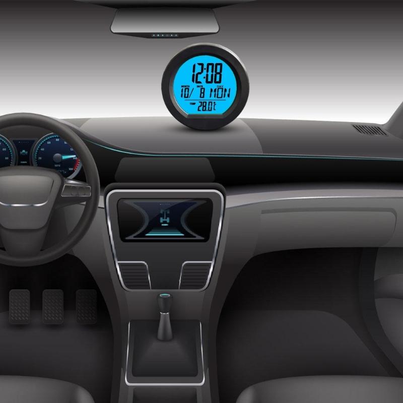 Car Digital Clock Solar Powered Date Week Clock with Temperature Display Automotive Dashboard Round Clock