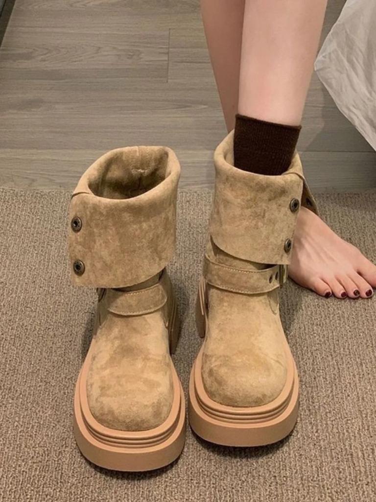 British Women's  New Spring and Autumn Single Boots Retro Two In One Mid Length Boots Thick Soled Black Short Boots