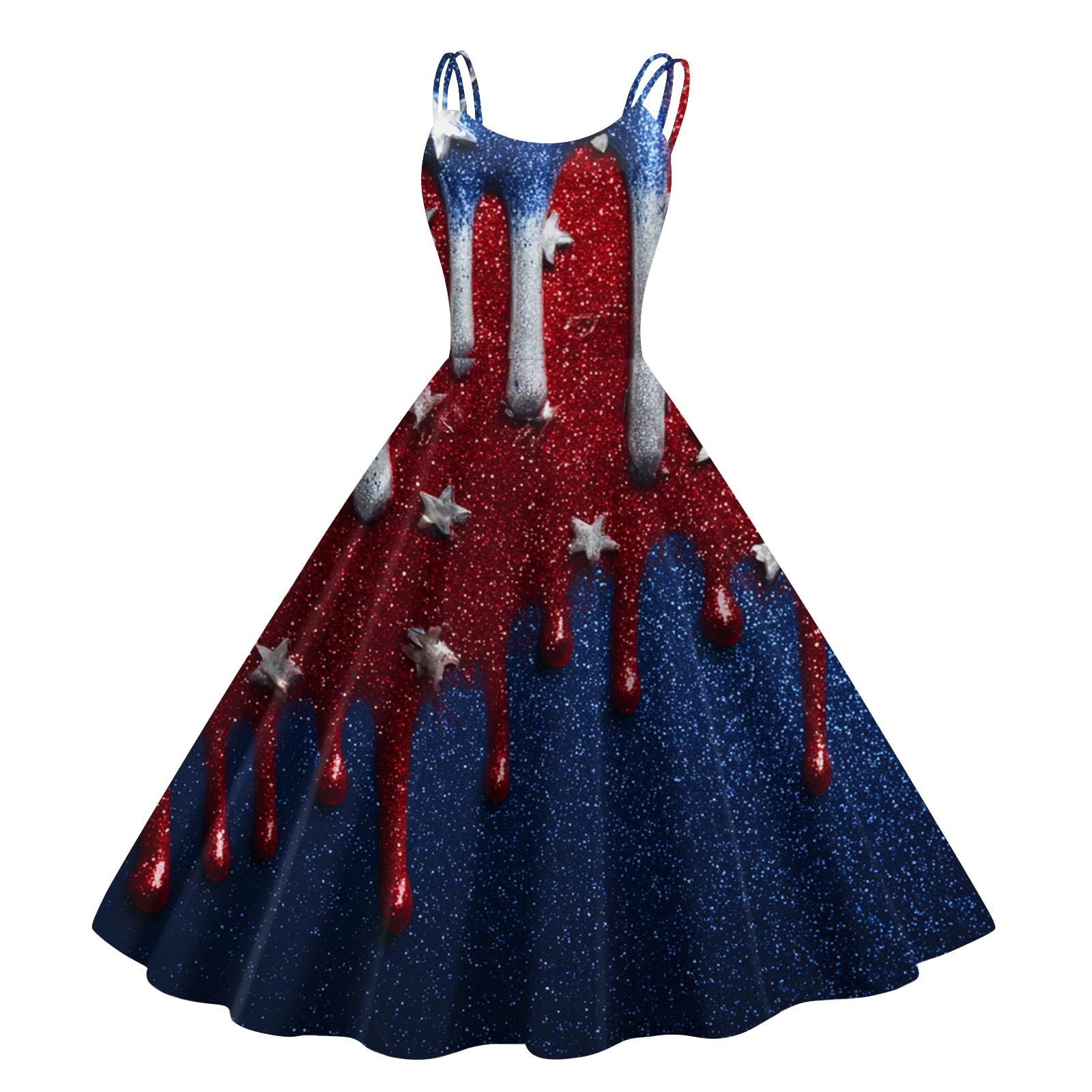 

Women Sleeveless Midi Dress with Star and Stripe Pattern Glitter Print Flared Summer Casual Tank Dress for Outdoor Events L темно-синий