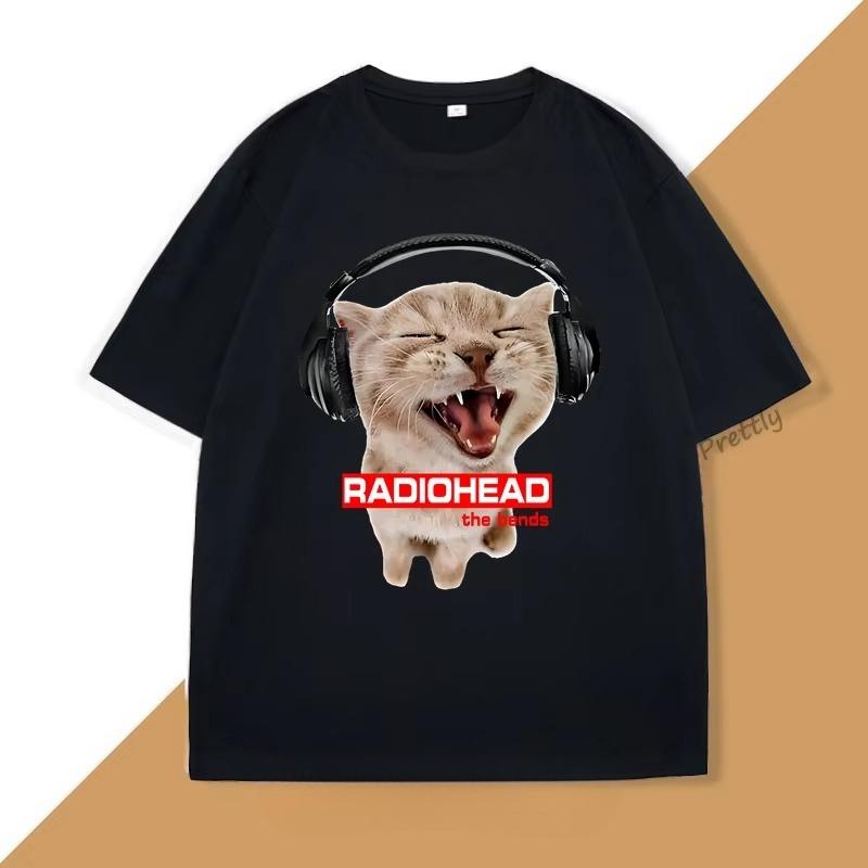 

Cat with Headphones Radiohead Tshirt Cute Cat Rock T Shirt Unisex Women Vintage Cotton Short Sleeve Round Neck Tshirt Streetwear 4XL