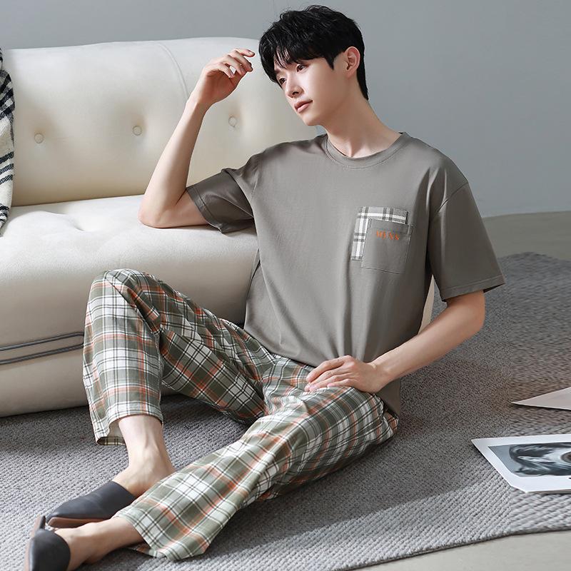 Blue Color Men's Cotton Pajamas Set for Summer Short Sleeves Sleeping Top Long Pant Nightwear Young Boy Home Clothes
