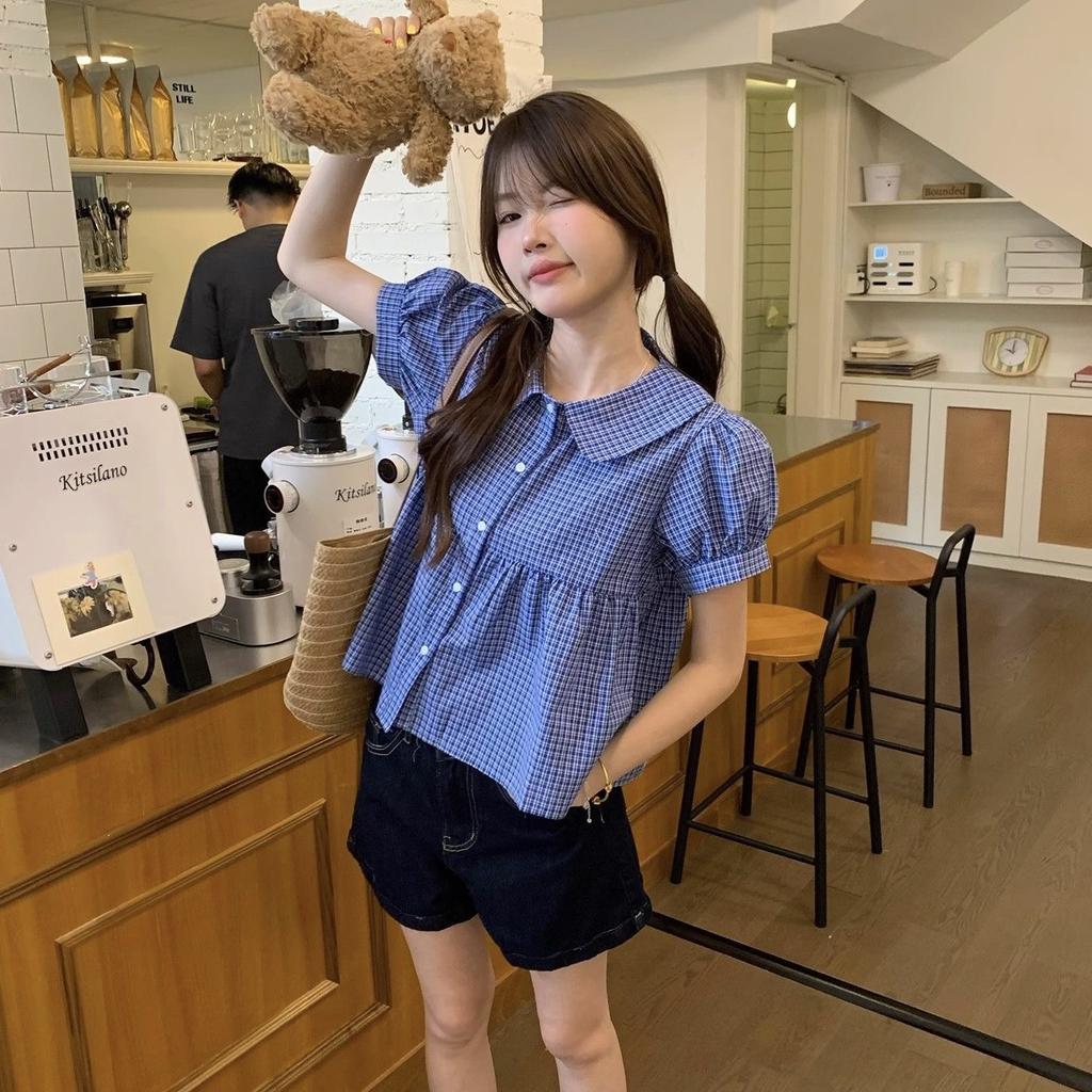 Korean college style retro blue plaid short-sleeved shirt women's spring summer sweet doll collar age-reducing shirt top