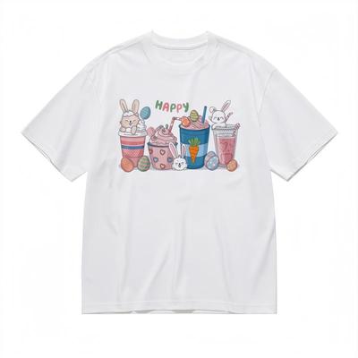 Herren Bequemes Weiches Klassisches T-Shirt Hase Trinkbecher Cartoon-Druck T-Shirt