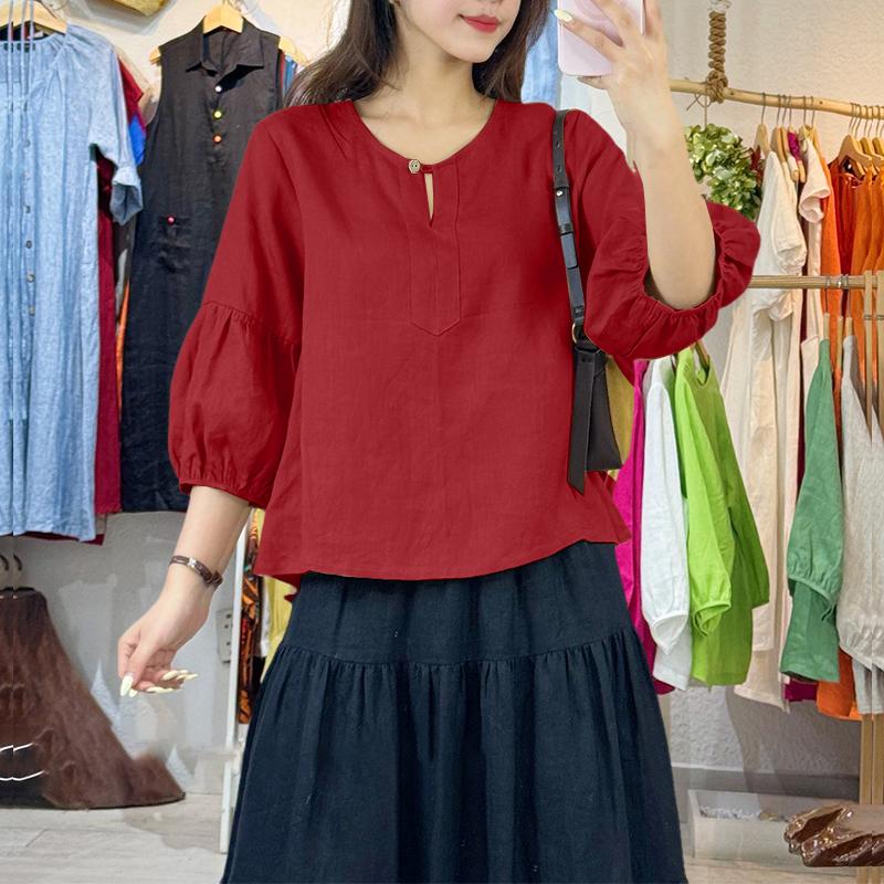 ZANZEA Women Casual Round Neck Solid Color 3/4 Sleeve Blouse