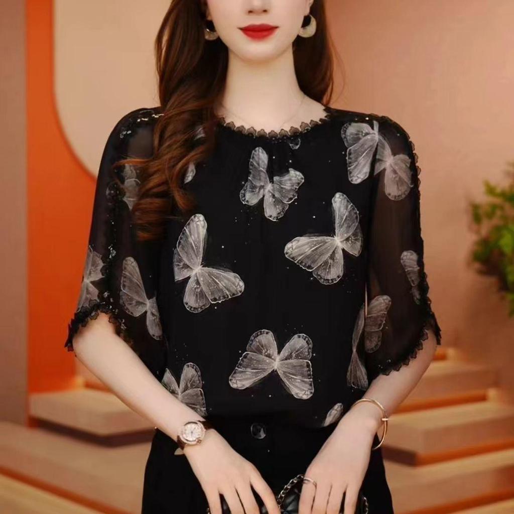 Bluză de vară pentru femei mărimi mari, lejeră, cu imprimeu floral, gât rotund, din șifon, tricou floral cu mânecă scurtă