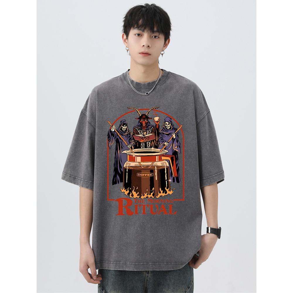 The Morning Ritual Coffee Funny Washed Retro Men T Shirts Summer Cotton T-Shirts Breathable Loose Clothes
