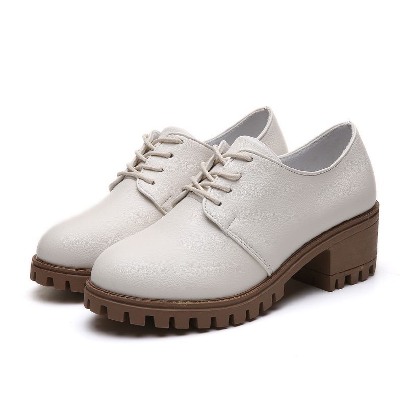 Damesschoenen met hoge hakken, enkellaarsjes, nieuwe ronde neus met veters voor de lente en herfst, waterdicht plateau, retro kleine leren schoenen in Britse Oxford-stijl