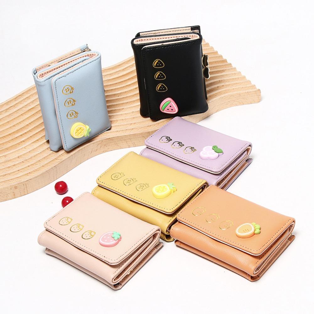 Cute Fruit Pattern Short Folding Card Bag PU Candy Color Trifold Wallet Sweet Solid Color Card Holder Girl