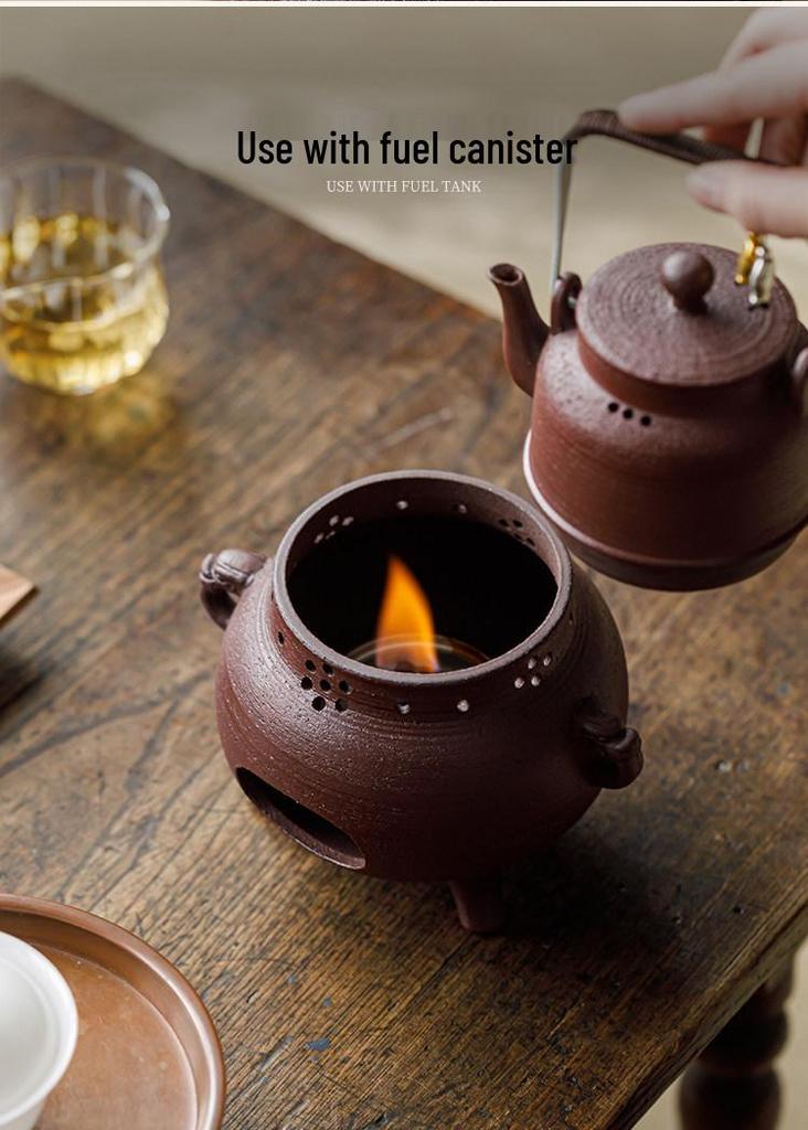 Guanlan Retro Coarse Pottery Tea Kettle Set with Alcohol Warmer for Outdoor Brewing