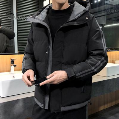 Men Cotton Jacket Hooded Long Sleeve Patchwork Color Padded Coat Windproof Warm Cotton Zipper Placket Outwear