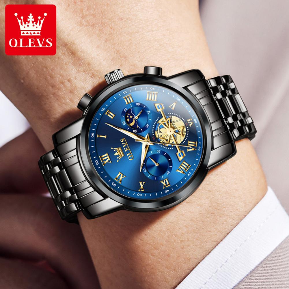 OLEVS Top Original Quartz Men's Watches Classic Roman Scale Dial Moon Phase Waterproof Luminous Luxury Wrist Watch for Male