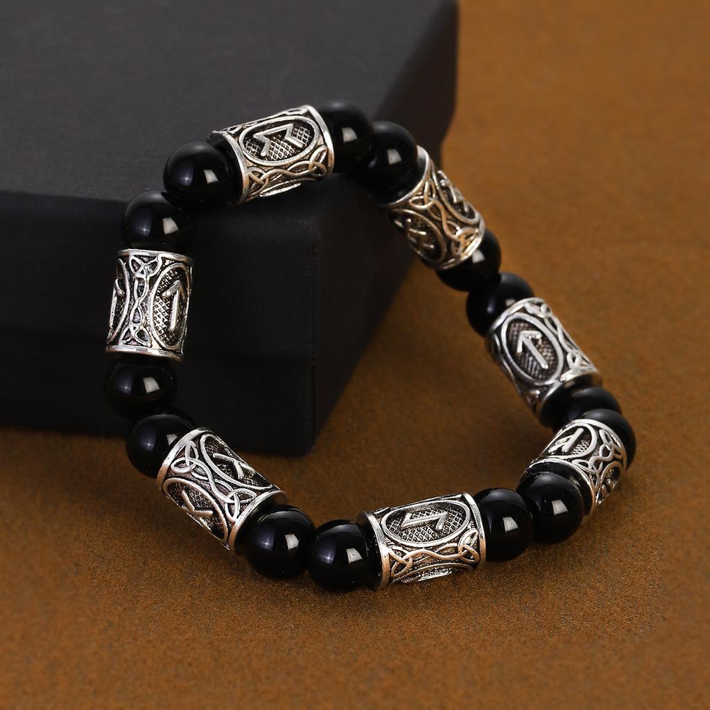 Viking Runes Bracelet for Men 8Mm Lava Obsidian Turquoise Beads Lucky Amulet Norse Jewelry Gift