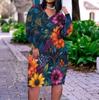 Women Plus Size V Neck Long Sleeve Black Printed Fitted Straight Dress