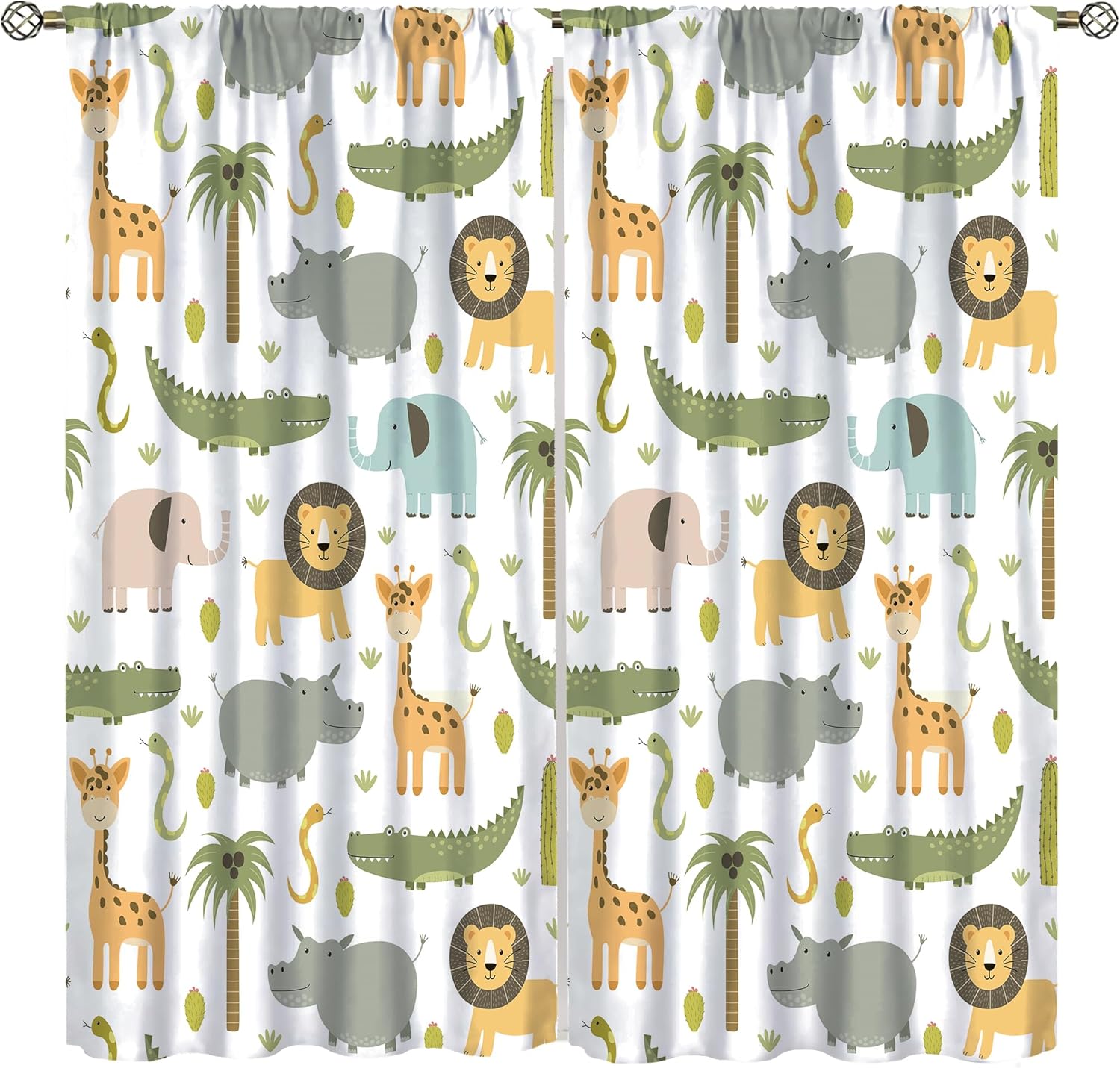 

Forest Animals Curtains Cartoon Cute African Lion Elephant Giraffe Tropical Palm Leaves Window Treatments For Kids Boys Girls 53x116CM-2PC