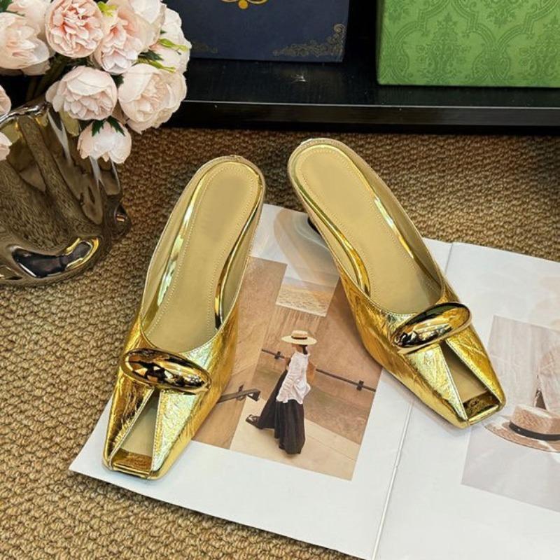 Designer Womens Shoes Summer Square Toe Slippers Metal Buckle Casual Banquet Party Mules Slides Comfortable Fashion