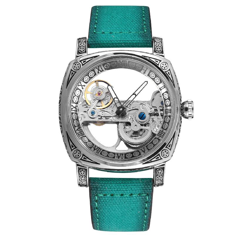 FORSINING Automatic Men Watch Mechanical Bridge Skeleton Transparent Luxury Vintage Cushion Case Suede Leather Male Dress Watch