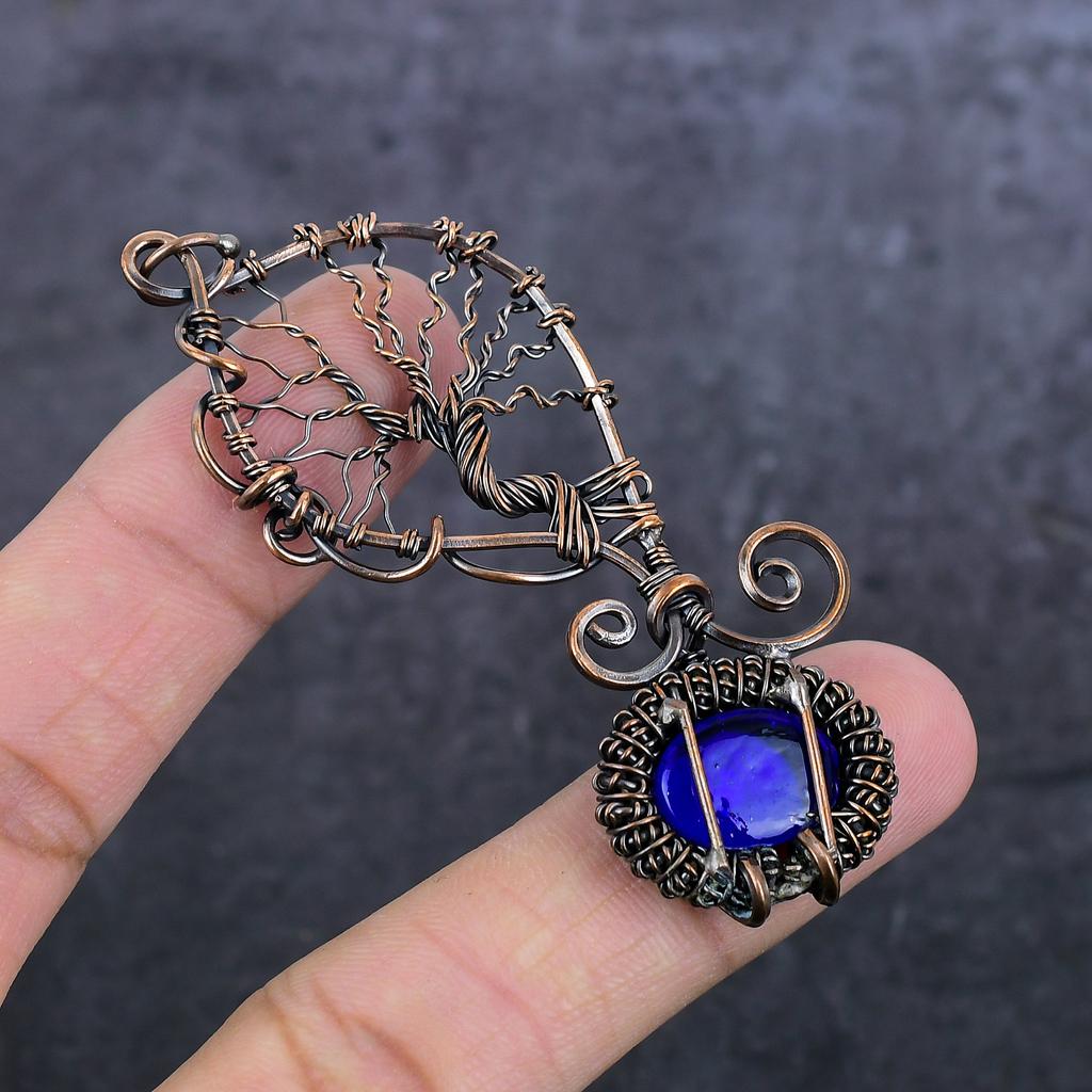 Pendente Gioiello Naturale Occhio Malvagio Blu Pietra Preziosa Filo di Rame Avvolto 3,15" w3Q85