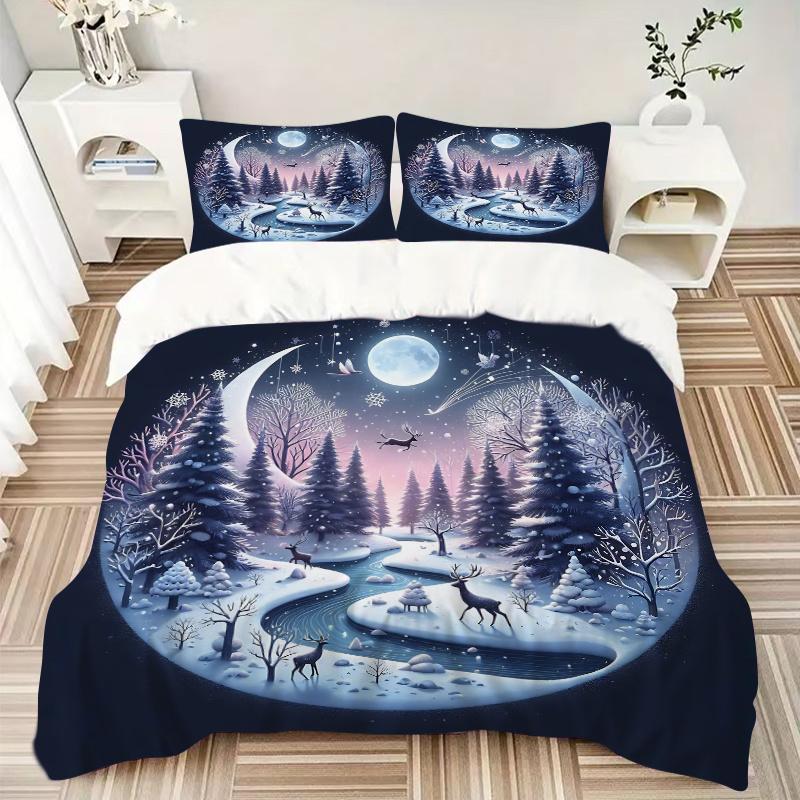 3pcs Winter's Night Pattern Bedding Set, 1* Cover + 2*Pillowcases, Printed Bedding Set, Soft