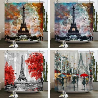 Wasserdichter Duschvorhang Sternenhimmel Paris Turm Landschaft Waschbarer Stoff Badezimmer Polyester Badvorhang Mit Haken Dekor Vorhang