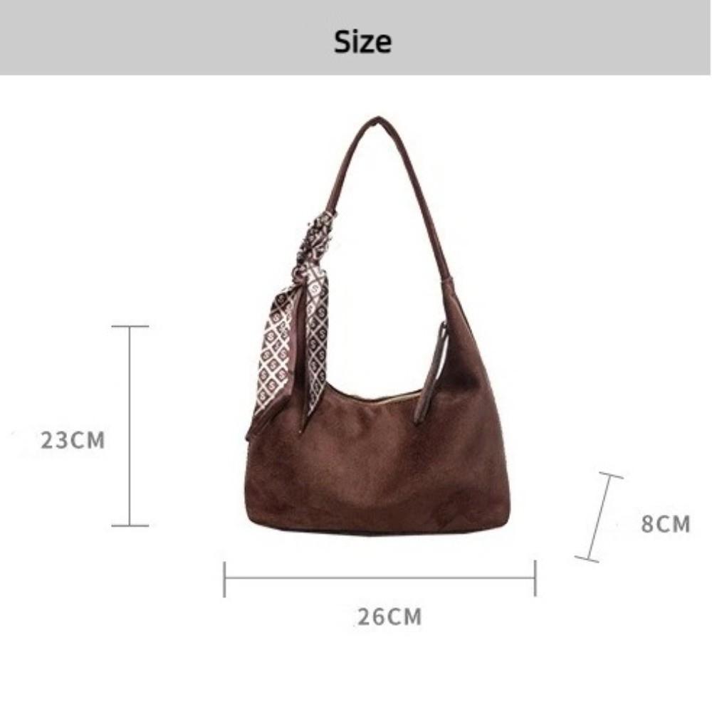 Fashion Faux Suede Underarm Bag Solid Color with Silk Scarf Decoration Shoulder Bag with Zipper Daily Use Tote Bag Women