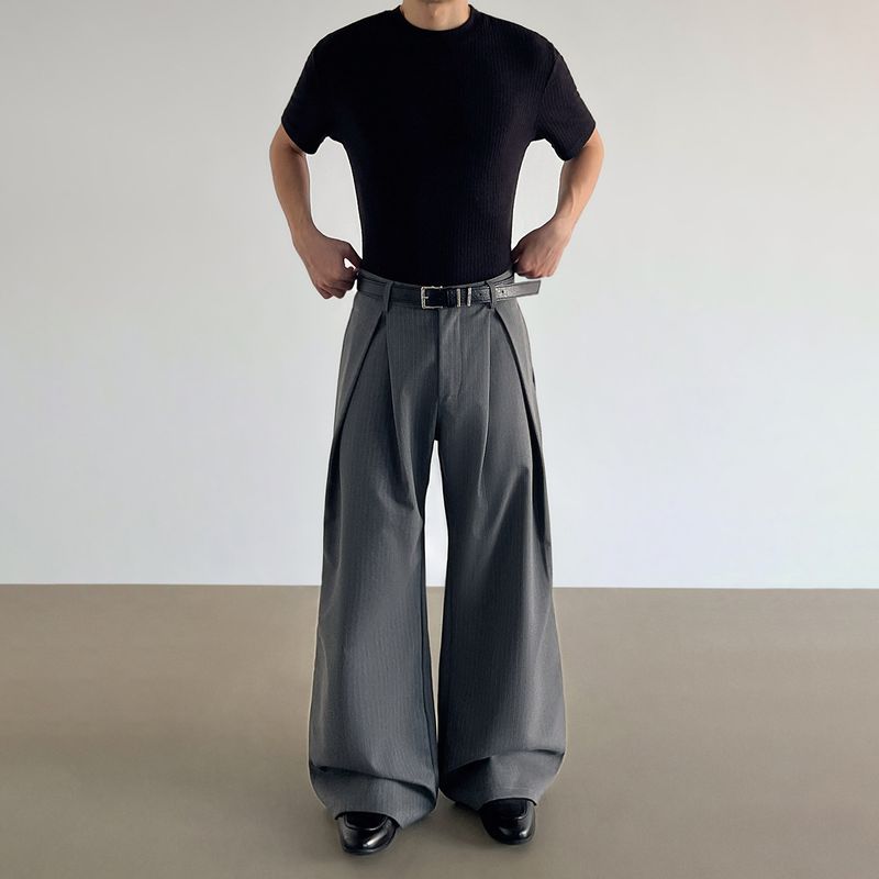 Blaexit Old Money Style Cleanfit Gray Striped A-Line Dress Pants Men's Casual Loose High-Waisted Drapey Wide-Leg Pants